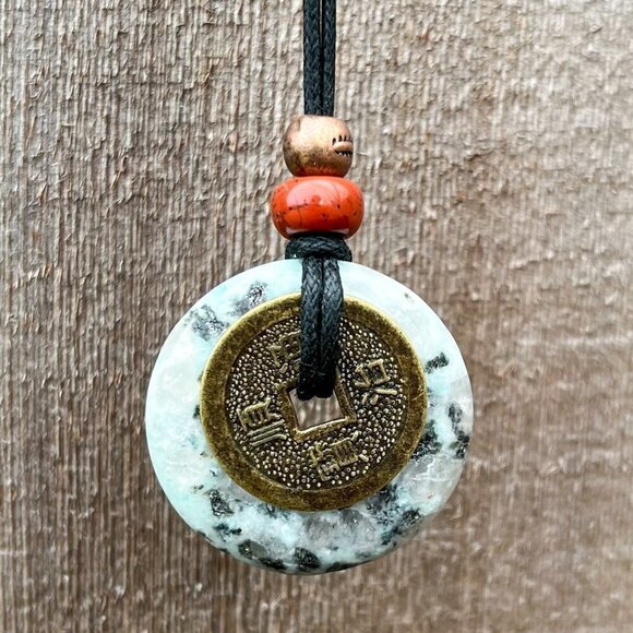 Kiwi Jasper Crystal Gemstone Necklace with Lucky Coin Handmade - Picture 1 of 6